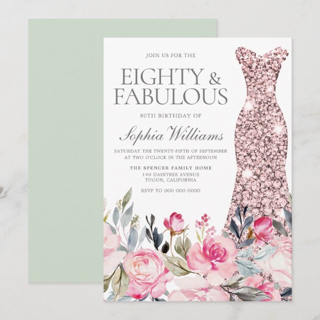 Blush Floral Dress Eighty & Fabulous 80th Birthday Invitation (Front/Back)