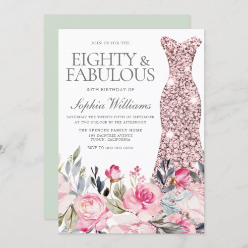 Blush Floral Dress Eighty  Fabulous 80th Birthday Invitation