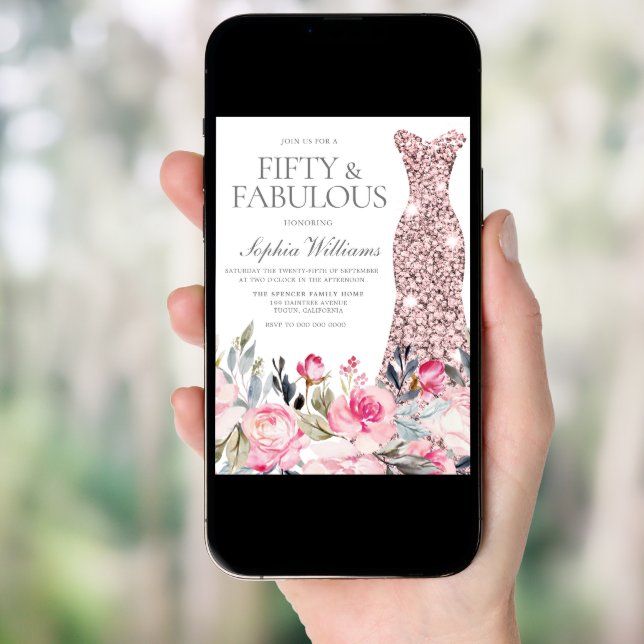 Blush Floral Dress Fifty & Fabulous 50th Birthday Invitation (Front Digital)
