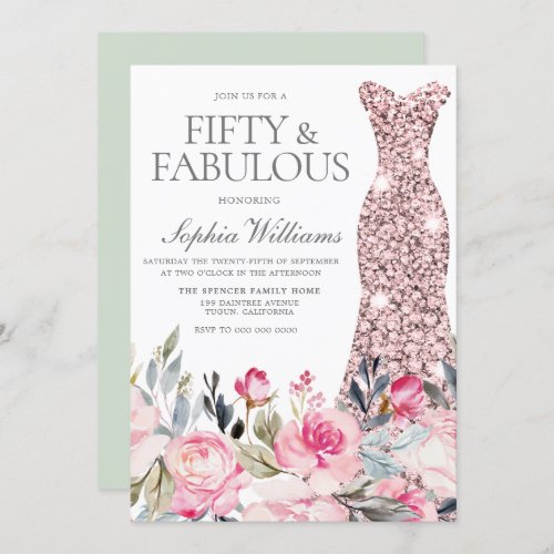 Blush Floral Dress Fifty  Fabulous 50th Birthday Invitation