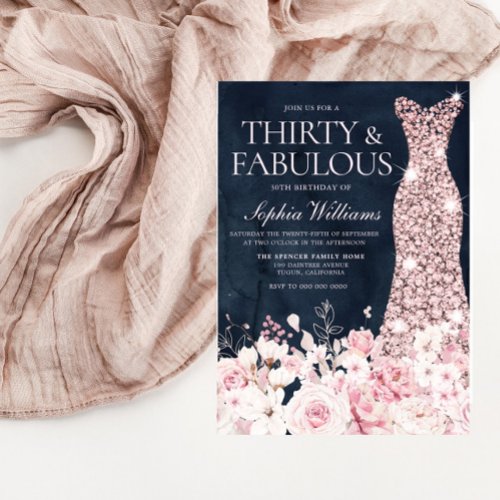 Blush Floral  Dress Navy 30th Birthday Party Invitation