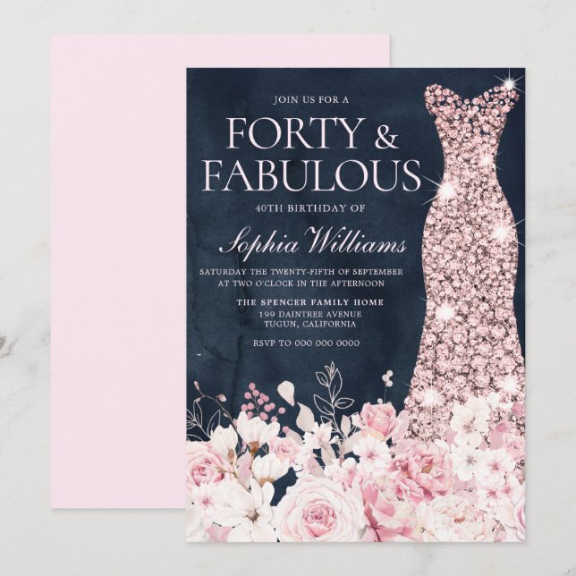 Blush Floral & Dress Navy 40th Birthday Party Invitation (Front/Back)