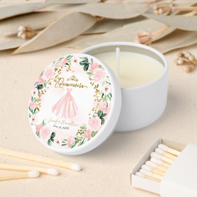 Blush Floral Dress Quinceañera Mini Candle Favors (Insitu)