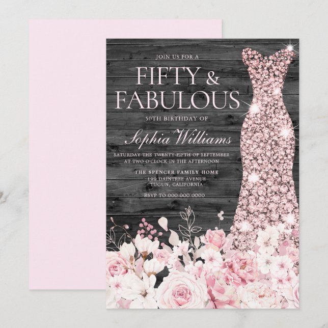 Blush Floral Dress Rustic Charcoal 50th Birthday Invitation (Front/Back)