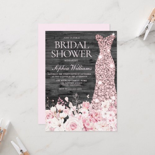 Blush Floral Dress Rustic Charcoal Bridal Shower Invitation