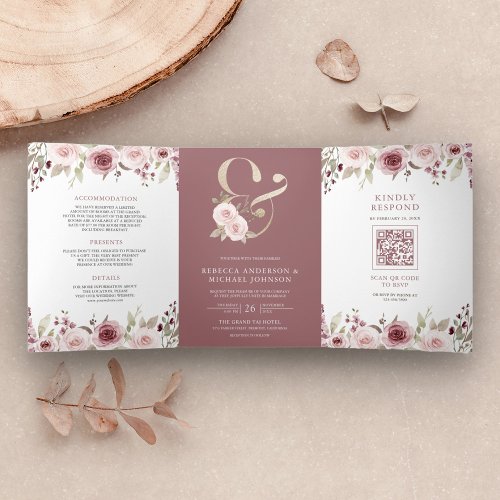 Blush Floral Dusty Rose Ampersand QR Code Wedding Tri_Fold Invitation