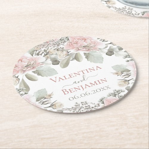 Blush floral dusty rose watercolor boho chic name round paper coaster