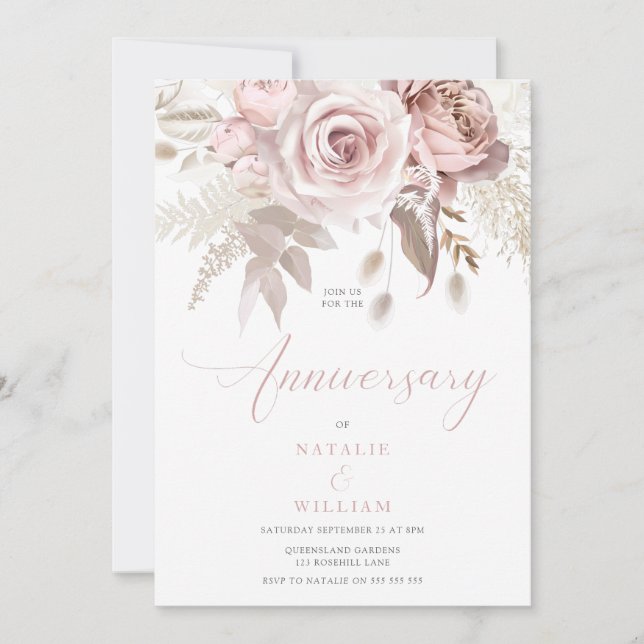 Blush Floral Dusty Roses Wedding Anniversary Invitation (Front)