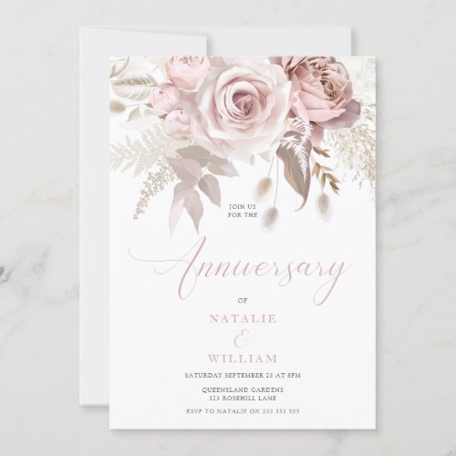 Blush Floral Dusty Roses Wedding Anniversary Invitation