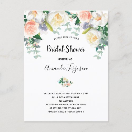 Blush floral eacalyptus bridal shower invitation postcard