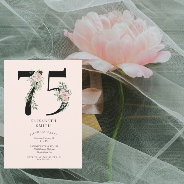 Blush Floral Elegant 75th Birthday Party  Invitation (Creator Uploaded)