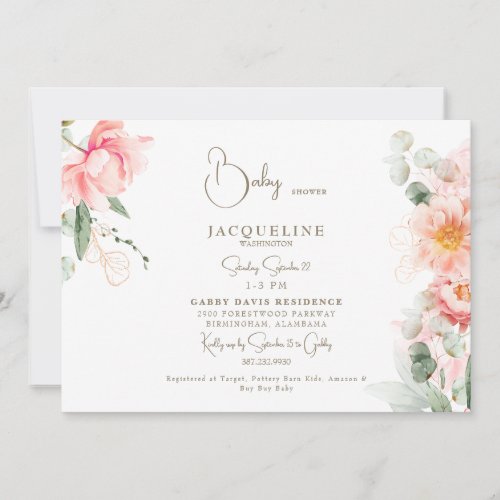 Blush Floral Elegant Baby Girl shower Horizontal Invitation