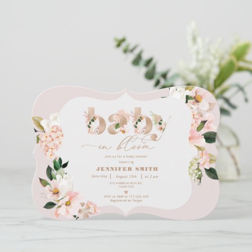 Blush floral elegant baby in bloom baby shower invitation
