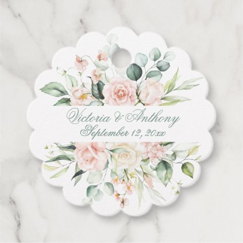 Blush Floral Elegant Script Name Scalloped Wedding Favor Tags