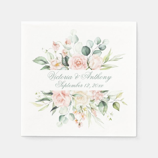Blush Floral Elegant Script Name Wedding Napkins (Front)