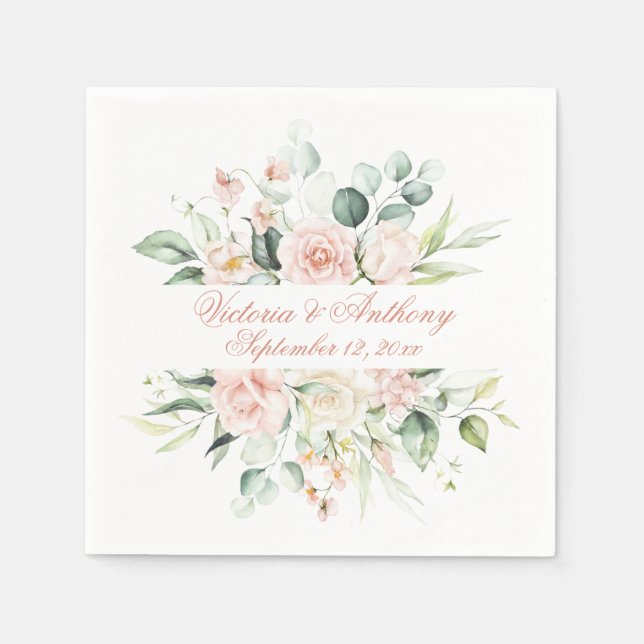 Blush Floral Elegant Script Name Wedding Napkins (Front)