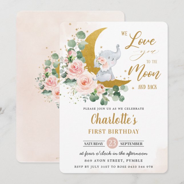 Blush Floral Elephant 1st Birthday Crescent Moon   Invitation (Front/Back)