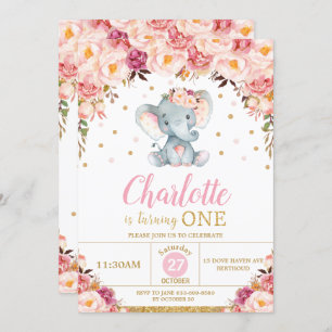 Blush Floral Elephant 1st Birthday Gold Glitter Invitation