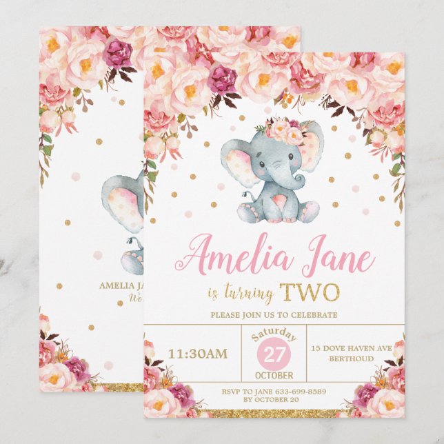 Blush Floral Elephant 2nd Birthday Gold Glitter Invitation (Front/Back)
