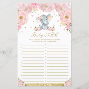 Blush Floral Elephant Baby ABC Baby Shower Game