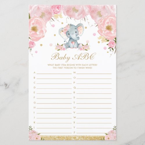 Blush Floral Elephant Baby ABC Baby Shower Game