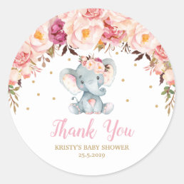 Blush Floral Elephant Baby Shower Birthday Favor  Classic Round Sticker