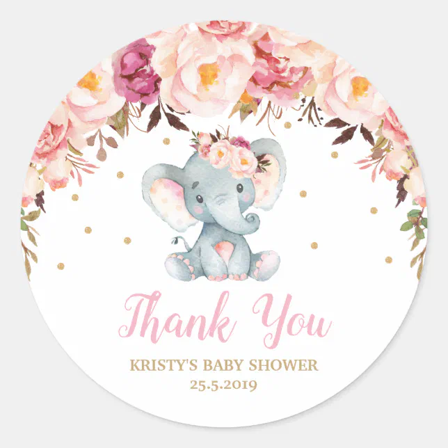 Blush Floral Elephant Baby Shower Birthday Favor Classic Round Sticker ...