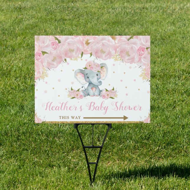Blush Floral Elephant Baby Shower Birthday Yard Sign (Insitu)