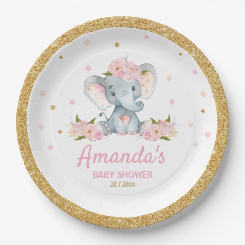 Blush Floral Elephant Baby Shower Girl Paper Plates