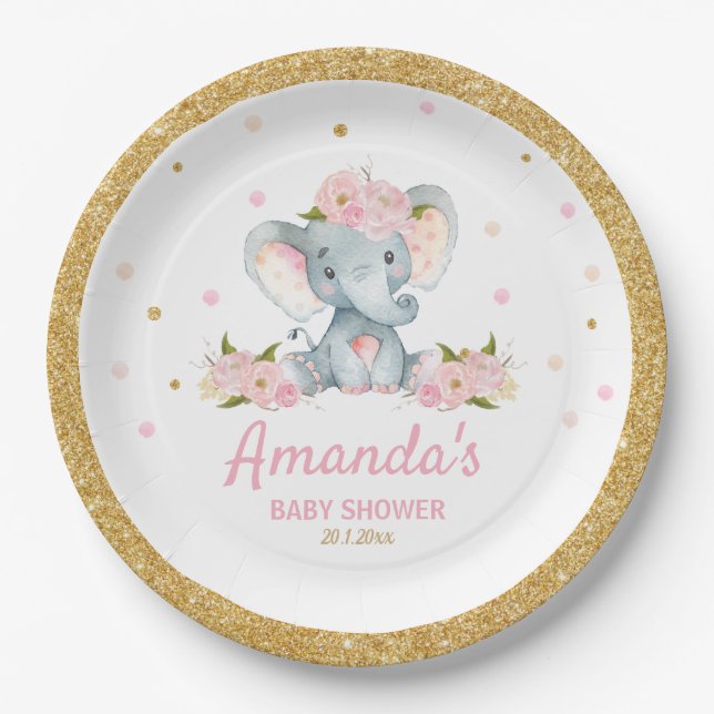 Blush Floral Elephant Baby Shower Girl Paper Plates (Front)