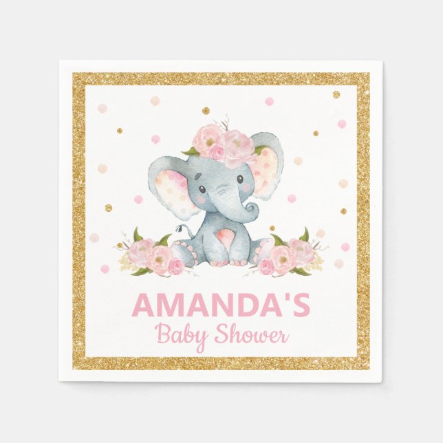 Blush Floral Elephant Baby Shower Girl Serviettes Napkins (Front)
