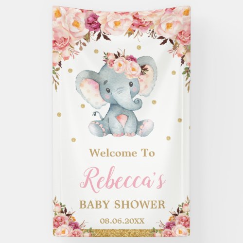 Blush Floral Elephant Baby Shower Party Backdrop B Banner