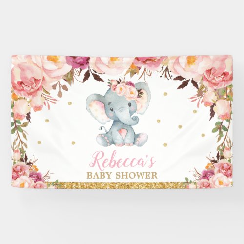 Blush Floral Elephant Baby Shower Party Backdrop Banner