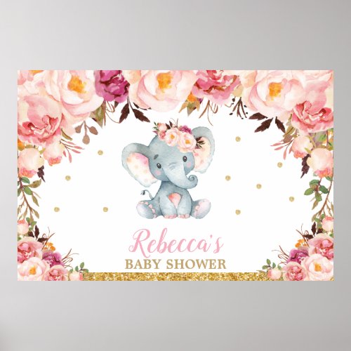 Blush Floral Elephant Baby Shower Party Backdrop  Poster