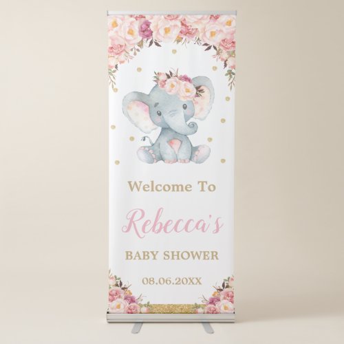 Blush Floral Elephant Baby Shower Party Backdrop Retractable Banner
