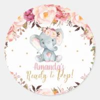 Blush Floral Elephant Baby Shower Ready to Pop Classic Round