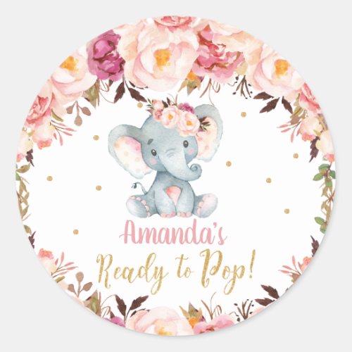 Blush Floral Elephant Baby Shower Ready to Pop  Classic Round Sticker