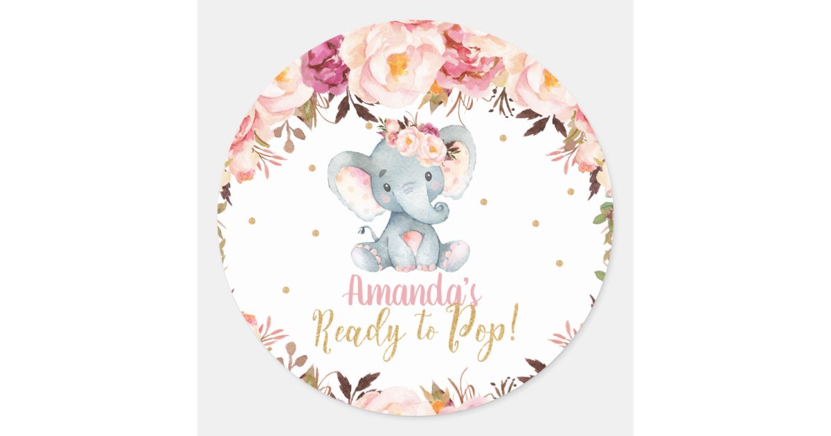 Blush Floral Elephant Baby Shower Ready to Pop Classic Round Sticker ...