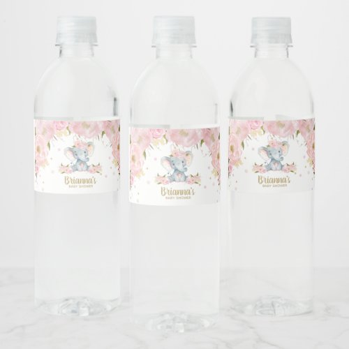 Blush Floral Elephant Baby Shower Water Bottle Label