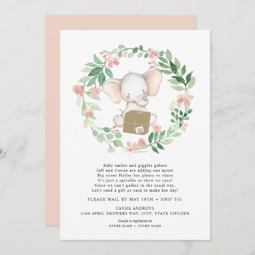 Blush Floral Elephant Baby Sprinkle by mail Invitation