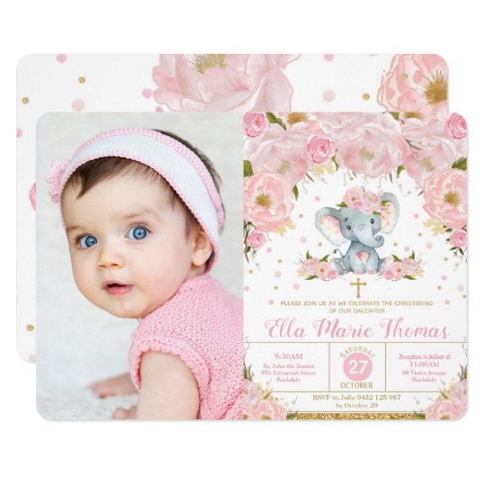 Blush Floral Elephant Baptism Girl Photo Invitation