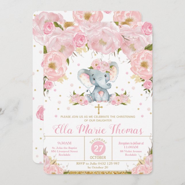 Blush Floral Elephant Baptism Invitations Girl (Front/Back)