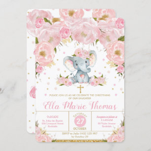 Blush Floral Elephant Baptism Invitations Girl