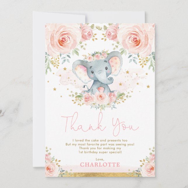 Blush Floral Elephant Birthday Thank You Card (Front)