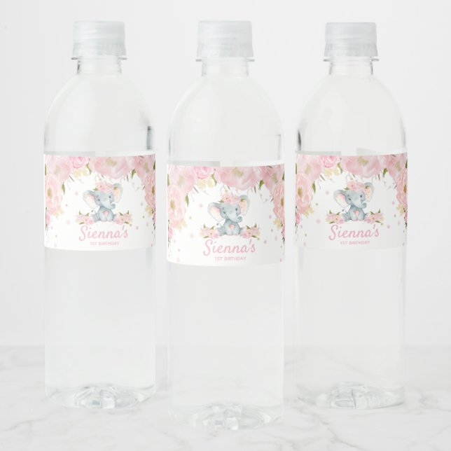 Blush Floral Elephant Birthday Water Bottle Label (Bottles)