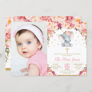 Blush Floral Elephant Christening Baptism Photo Invitation