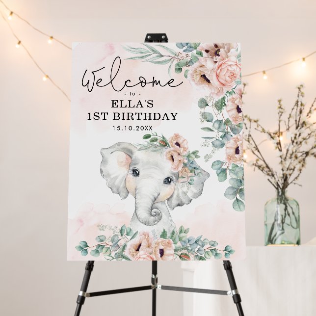 Blush Floral Elephant Eucalyptus Birthday Welcome Foam Board (In Situ (Stand))