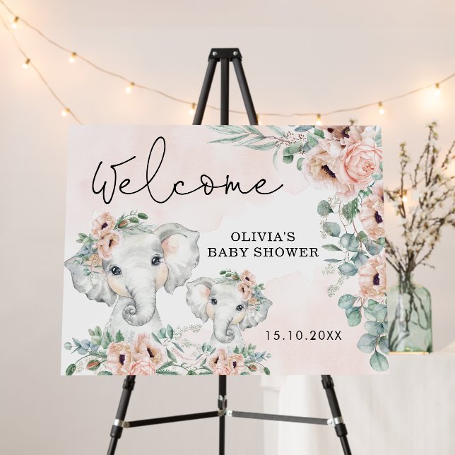 Blush Floral Elephant Girl Baby Shower Welcome Foam Board (In Situ (Stand))