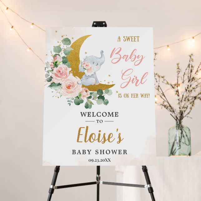 Blush Floral Elephant Girl Baby Shower Welcome Foam Board (In Situ (Stand))