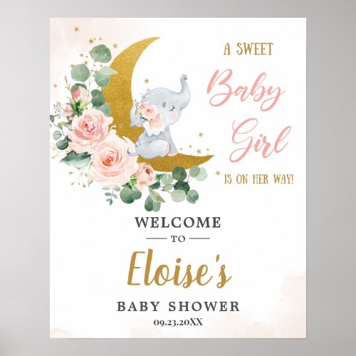 Blush Floral Elephant Girl Baby Shower Welcome Poster